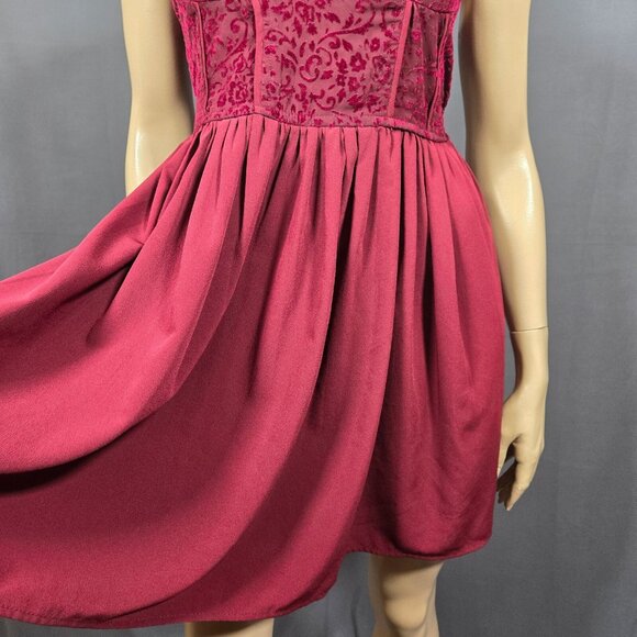 Y2K Fit Flare Whimsigoth Dress M Burgundy Flocked Velvet Corset Mini Pockets - Picture 4 of 10
